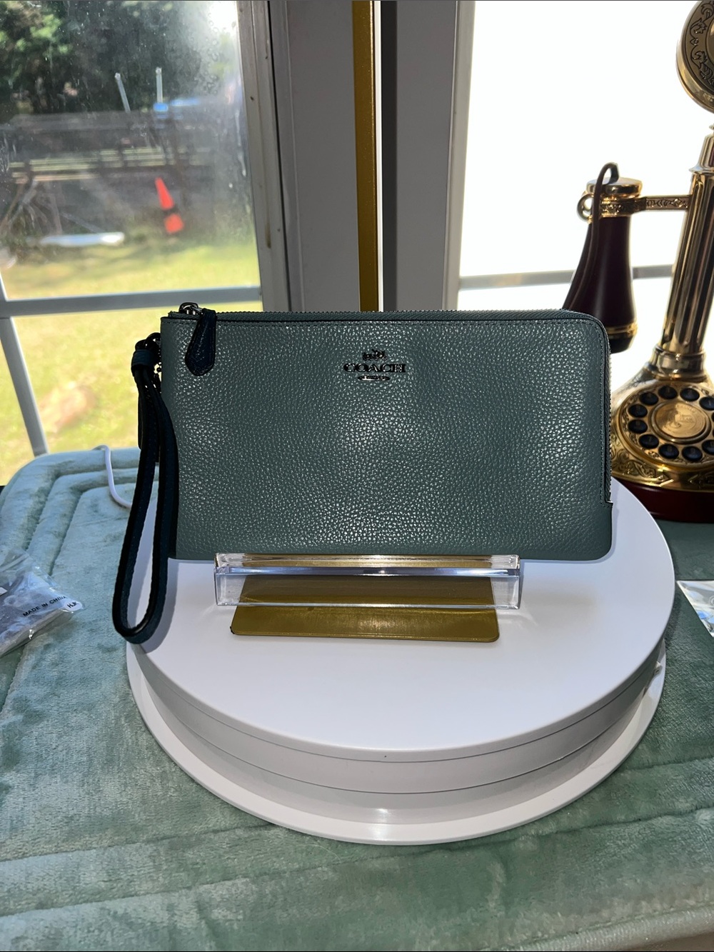Coach Pebbled Leather Wristlet in Slate Green with Black Strap